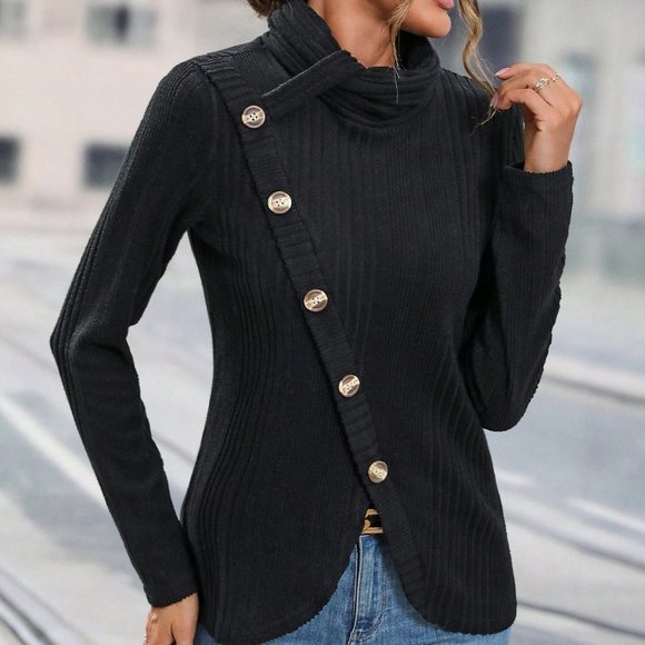 Black Casual Womens Button Detail Asymmetrical Hem Tee - Picture 2 of 5